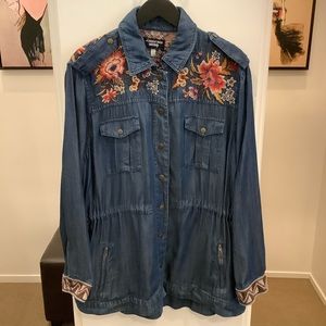 Johnny Was Chambray Drawstring Military Coat